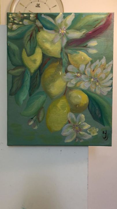 Painting titled "Цветущий сад с лимо…" by Irina Surgunte, Original Art, Oil Mounted on Stretcher frame