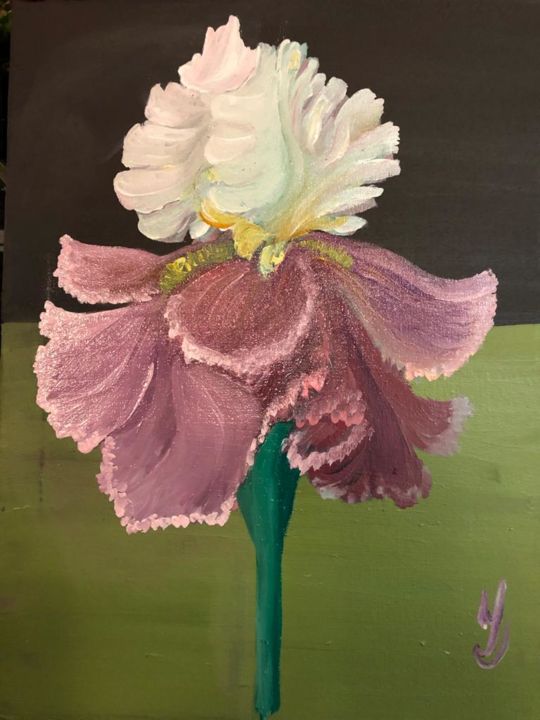 Painting titled "Ирис в ночи" by Irina Surgunte, Original Art, Oil Mounted on Stretcher frame