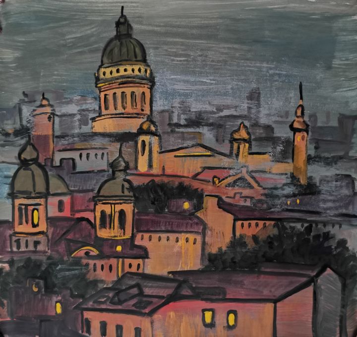 Painting titled "Night City" by Anna Pyatkina, Original Artwork, Tempera
