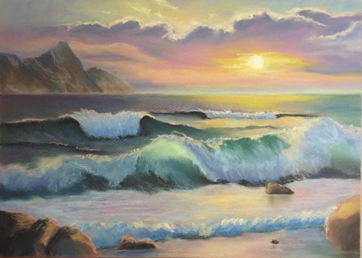 Painting titled "Waves on the sunset…" by Hanna Taranishyna, Original Artwork, Pastel