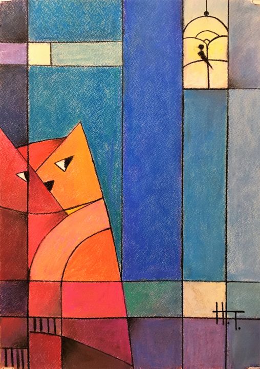 Painting titled "Sneaky Red Cat and…" by Hanna Taranishyna, Original Artwork, Pastel