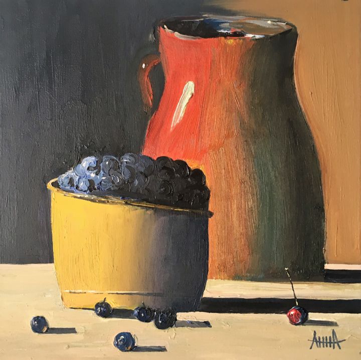 Painting titled "Still Life with Blu…" by Hanna Taranishyna, Original Artwork, Oil