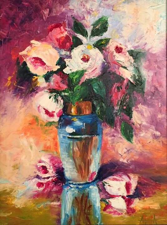 Painting titled "Roses Bouquet" by Hanna Taranishyna, Original Artwork, Oil