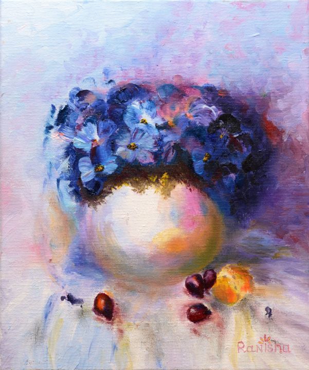 Painting titled "Blue Flowers White…" by Hanna Taranishyna, Original Artwork, Oil