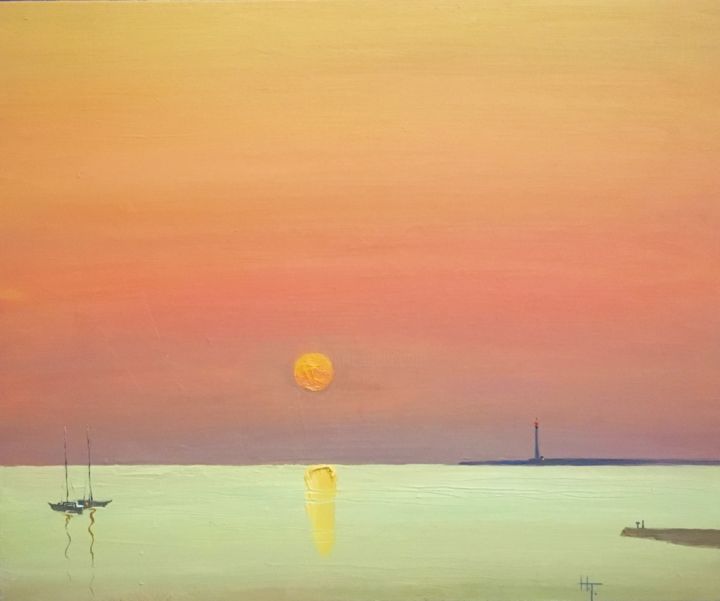 Painting titled "Sunset on the Sea" by Hanna Taranishyna, Original Artwork, Oil