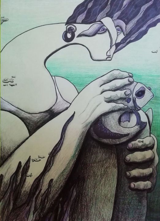 图画 标题为“Underwater escape.” 由Anna Reshetnikova, 原创艺术品, 铅笔