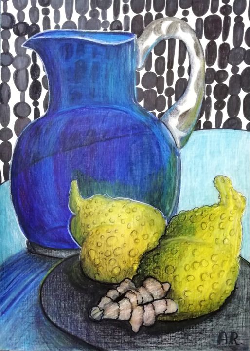 제목이 "Blue jug, lemons an…"인 그림 Anna Reshetnikova로, 원작, 마커