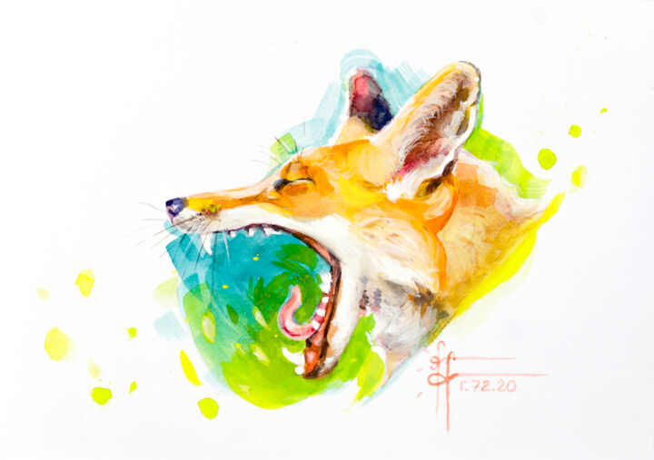Peinture intitulée ""Yawning Fox" - Ori…" par Anna Ivanova, Œuvre d'art originale, Gouache