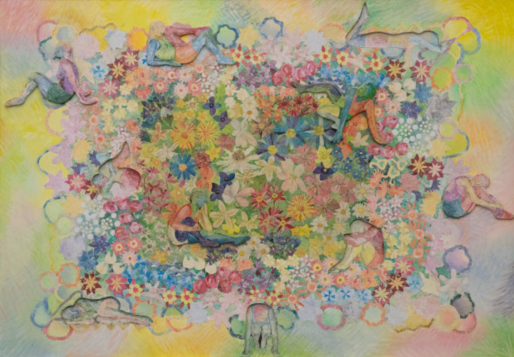 Collagen mit dem Titel "Moto di fiori" von Anna Musi, Original-Kunstwerk, Scherenschnitt