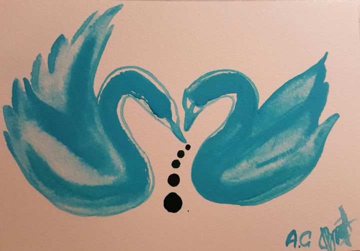 Dessin intitulée "First meeting swans" par Anna Gogoleva, Œuvre d'art originale, Autre