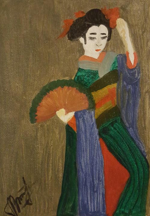 Painting titled "Geisha dance" by Anna Gogoleva, Original Artwork, Oil