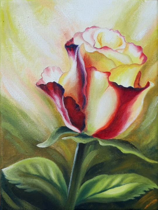 Painting titled "Rose" by Anna Steshenko, Original Artwork, Oil Mounted on Wood Stretcher frame