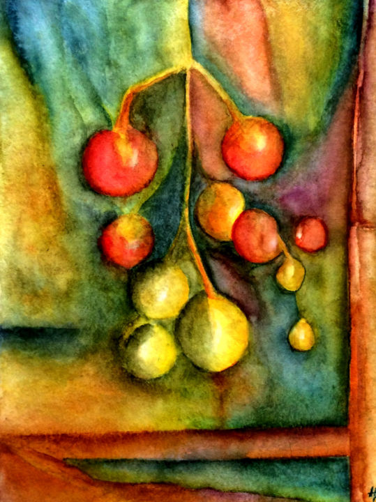 Painting titled "Tomates-grappes" by Anne Brigaud, Original Artwork