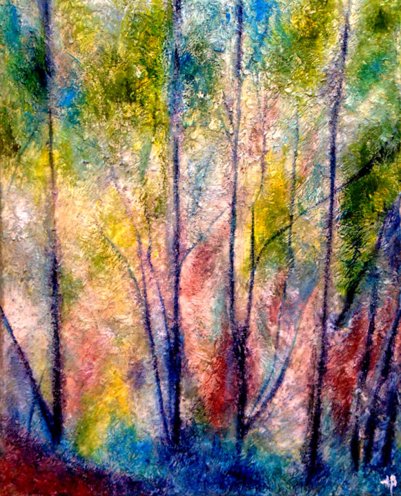 Painting titled "Arbres bleus et ver…" by Anne Brigaud, Original Artwork