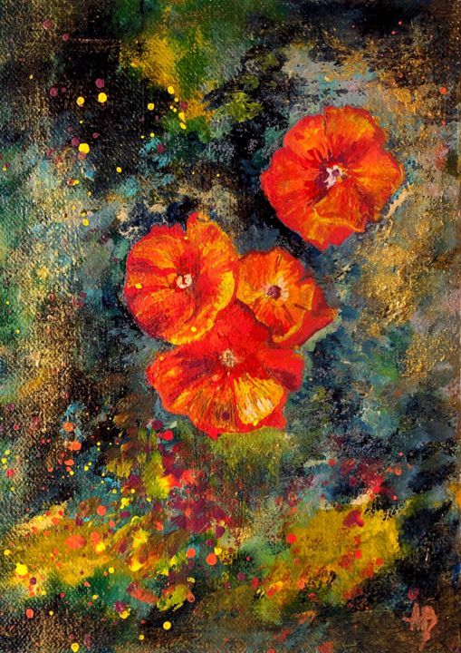 Painting titled "Coquelicots #5" by Anne Brigaud, Original Artwork