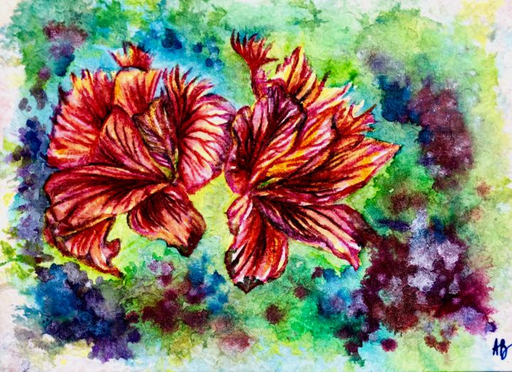 Painting titled "Duo rouge" by Anne Brigaud, Original Artwork, Watercolor