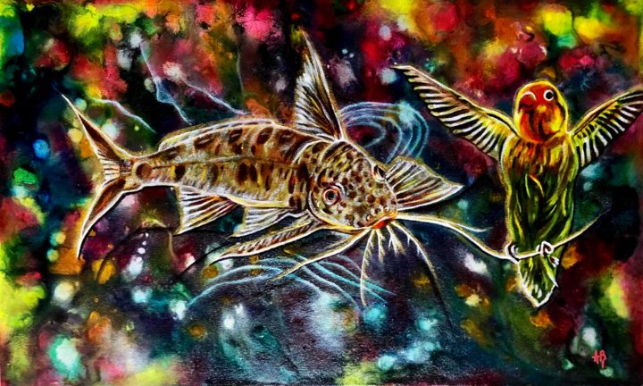 Painting titled "Un petit poisson, u…" by Anne Brigaud, Original Artwork, Acrylic