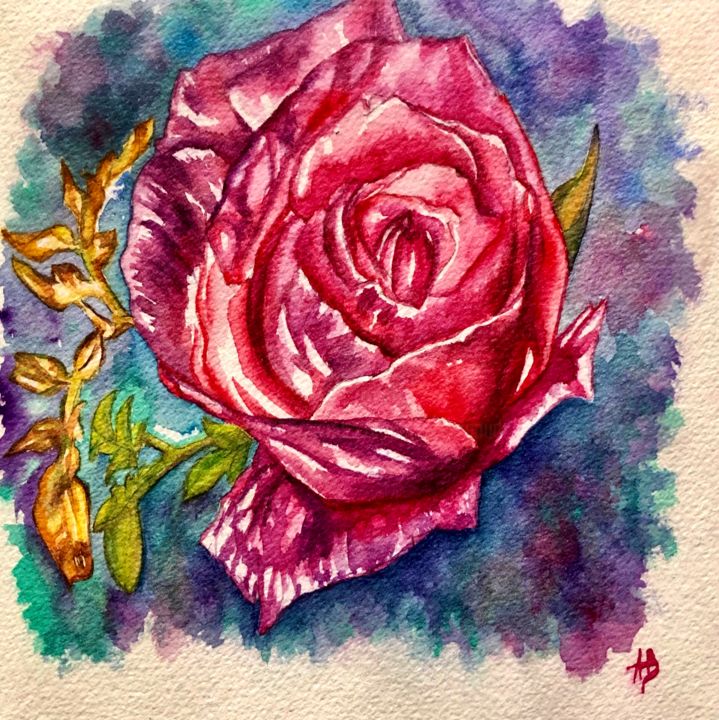 Painting titled "Rose sur fond bleu" by Anne Brigaud, Original Artwork, Watercolor