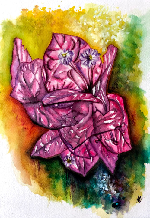Peinture intitulée "Fleur pourpre" par Anne Brigaud, Œuvre d'art originale, Aquarelle