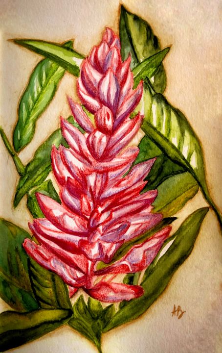 Painting titled "Fleur rose exotique" by Anne Brigaud, Original Artwork, Watercolor