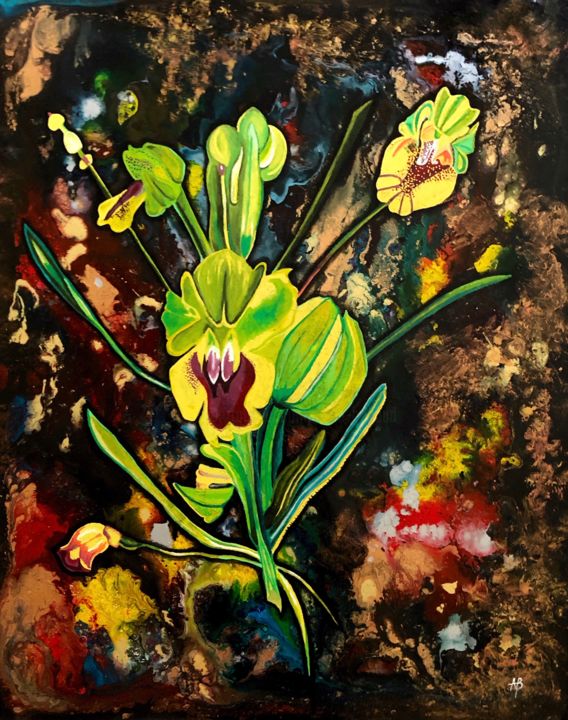 Painting titled "Fleurs exotiques ja…" by Anne Brigaud, Original Artwork, Acrylic