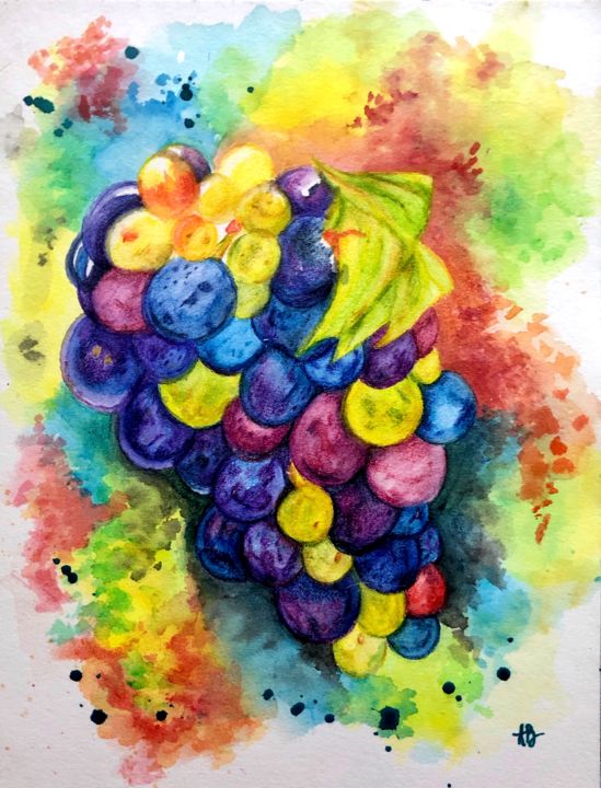 Painting titled "Grappe" by Anne Brigaud, Original Artwork, Watercolor