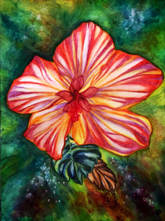 Painting titled "Fleur d’hibiscus" by Anne Brigaud, Original Artwork, Watercolor