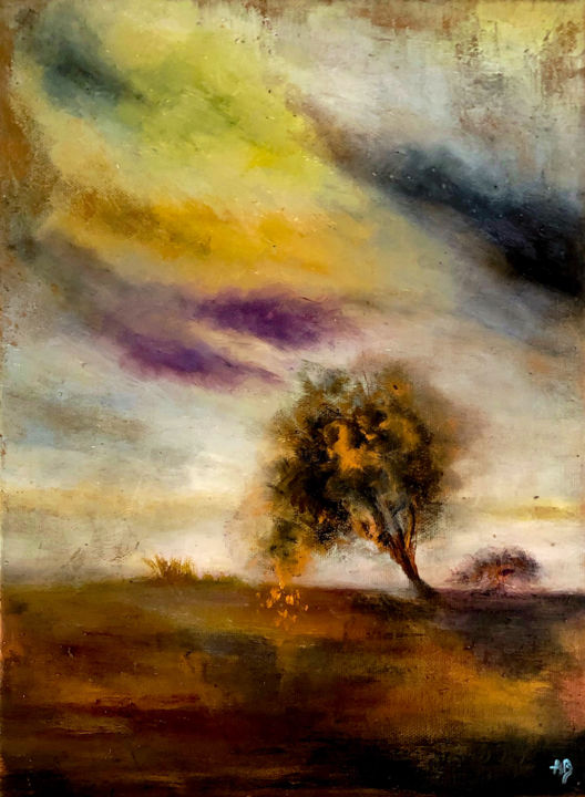Painting titled "Arbre penché" by Anne Brigaud, Original Artwork, Oil