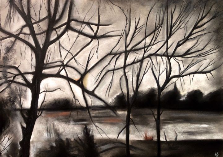Painting titled "Trio d’arbres noirs" by Anne Brigaud, Original Artwork, Charcoal