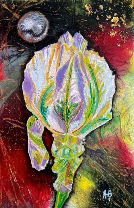 Painting titled "Iris sur fond rouge…" by Anne Brigaud, Original Artwork, Acrylic