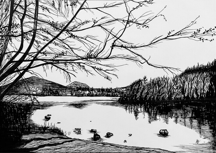 Painting titled "Lac d’Auvergne #2" by Anne Brigaud, Original Artwork, Ink