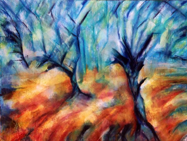 Painting titled "Les arbres bleus" by Anne Brigaud, Original Artwork
