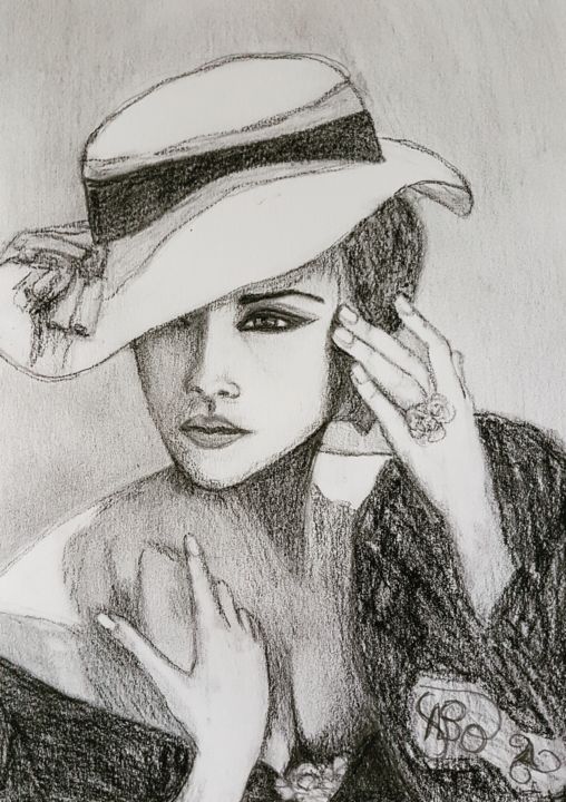 Femme Au Chapeau Noir Et Blanc Drawing By Abrunello Artmajeur