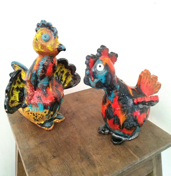 Sculpture intitulée "Le coq et la poule" par Anne Cabon, Œuvre d'art originale, Céramique