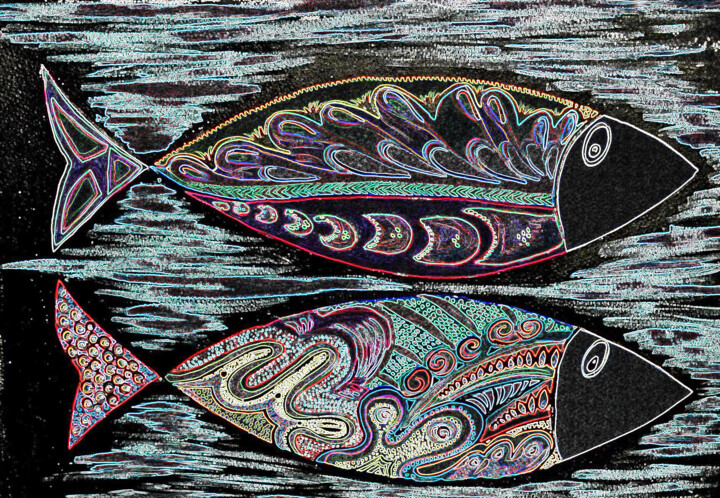 Peinture intitulée "poissons effet brod…" par Anne Cabon, Œuvre d'art originale, Image générée par l'IA