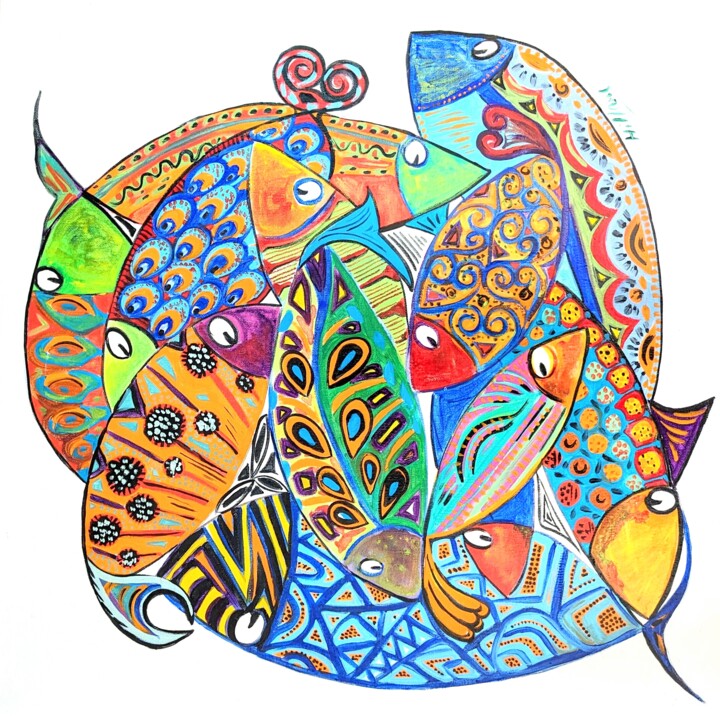 Painting titled "poisson sur toile 1" by Anne Cabon, Original Artwork, Acrylic Mounted on Wood Stretcher frame
