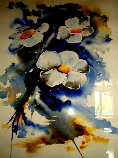 Painting titled "fleurs , fonds bleu." by Anne Carez, Original Artwork, Oil