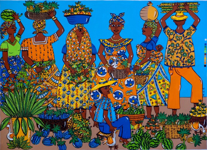 Peinture intitulée "marché d'afrique1-A…" par Anne-Catherine Levieux (Nuances de Gouaches), Œuvre d'art originale, Gouache