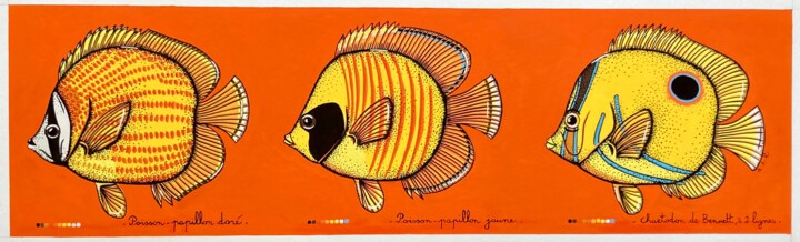 Pintura titulada "ACL664,3 poissons p…" por Anne-Catherine Levieux (Nuances de Gouaches), Obra de arte original, Gouache