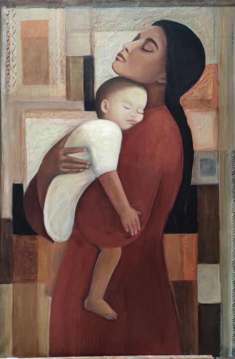 Pintura titulada "Femme à l'enfant" por Anne Christine Fernand Laurent, Obra de arte original, Acrílico