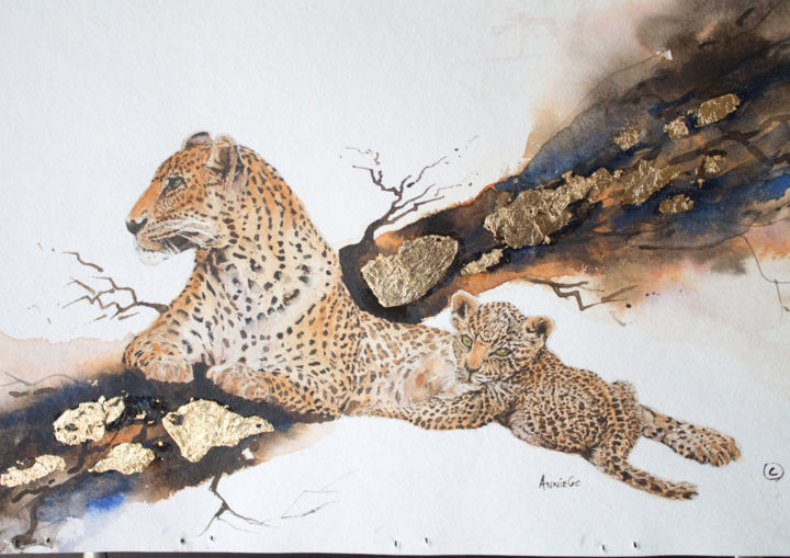 Peinture intitulée "Leopard with cub" par Anniegc, Œuvre d'art originale