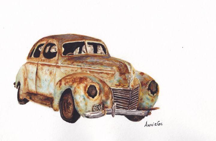 Painting titled "Rusty Old Car" by Anniegc, Original Artwork, Watercolor