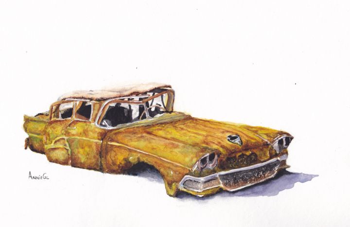 Painting titled "Rusty Old Car" by Anniegc, Original Artwork, Watercolor