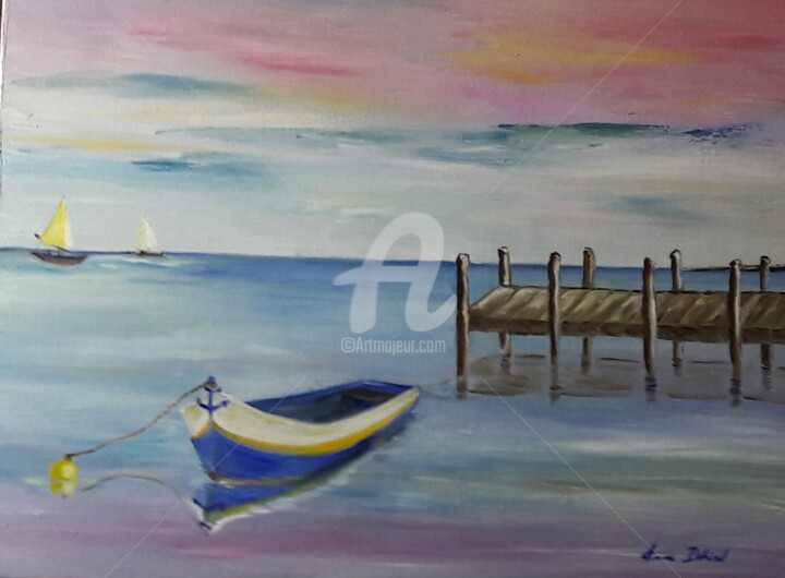 Painting titled "Sur l'eau" by Anne Dahirel, Original Artwork, Oil