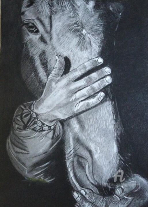 Dessin intitulée "La main de l'homme" par Anne Degremont, Œuvre d'art originale, Fusain