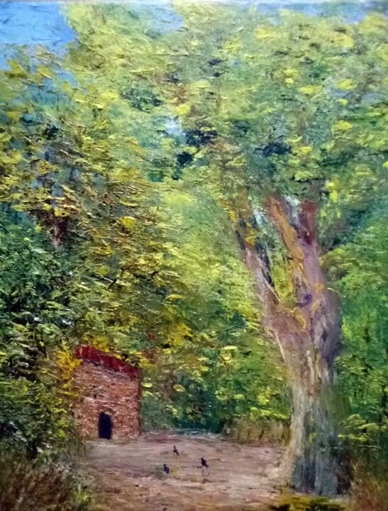 Painting titled "Au bout du sentier" by Anne Dingo-Bonheur, Original Artwork, Oil Mounted on Wood Stretcher frame