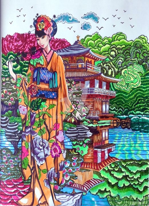 Dessin intitulée "Beauté du Japon" par Anne D'Orion, Œuvre d'art originale, Marqueur