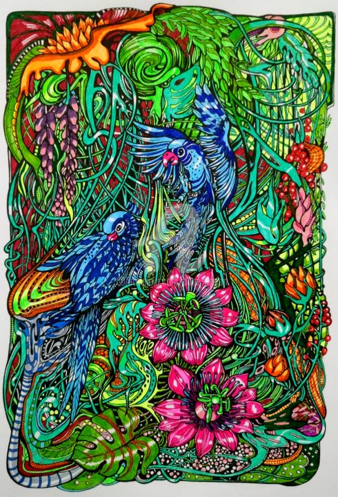 Fantastiques Aras bleus Dessin ©2017 par Anne d Orion Illustration Papier
