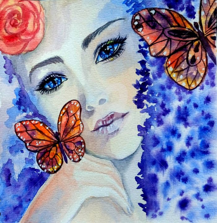 绘画 标题为“Printemps bleu” 由Anne D'Orion, 原创艺术品, 水彩