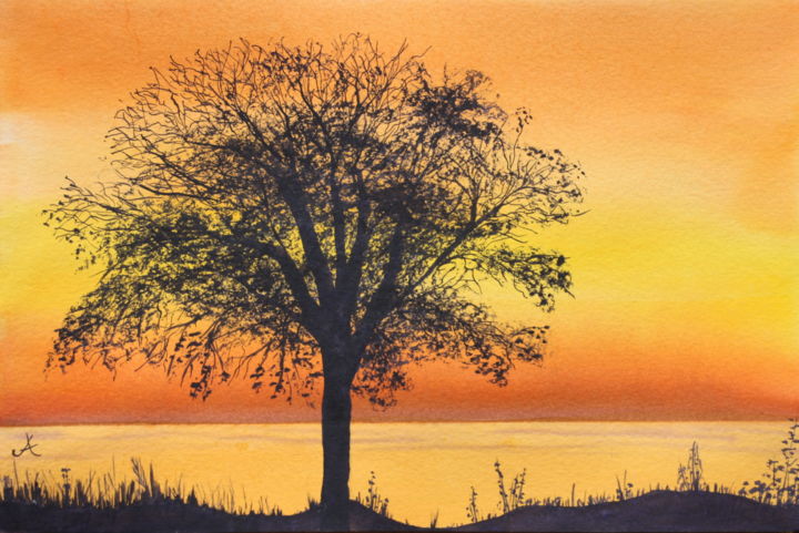 Peinture intitulée "Arbre au soleil cou…" par Anne Fayet-Massat, Œuvre d'art originale, Encre